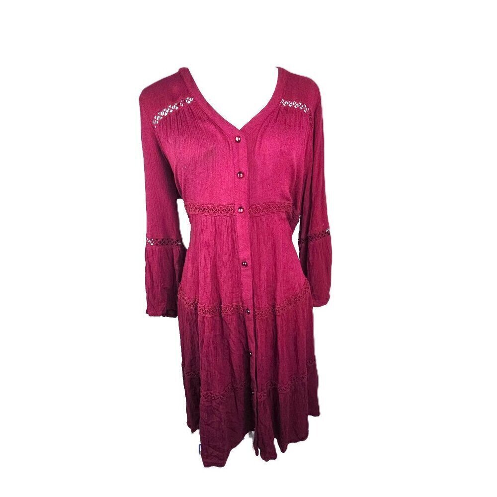 Knox Rose Burgundy Red Crochet Lace Boho Bell Sleeve Shift Dress